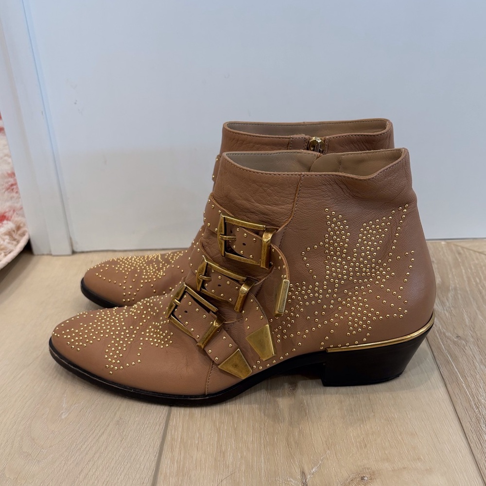 Chloe Studded Beige Ankle Boots with Buckles - Picture 2 of 6